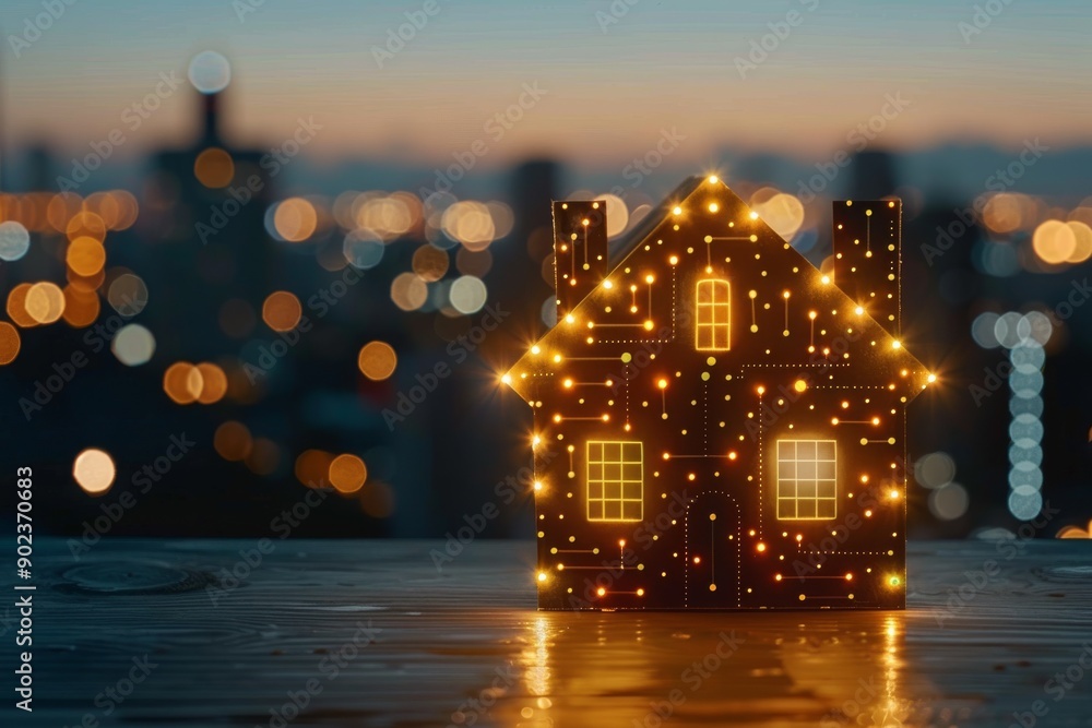 Poster miniature house with festive lights highlighting the integration of home and digital elements in a v