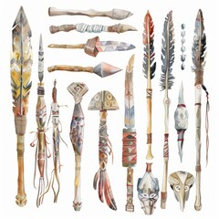 Watercolor painting of tribal weapons, crafted with intricate carvings, on isolated white background, Generative AI