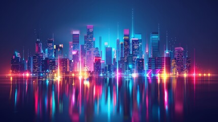 Futuristic cityscape background with glowing skyscrapers and neon lights