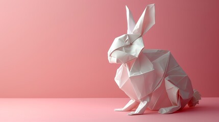 Expertly Folded Origami Rabbit on Pastel Pink Background