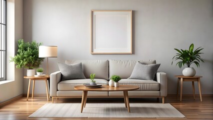 Modern minimalist cozy healing living room blank frame mockup natural white, comfort and healthy living. Generative AI