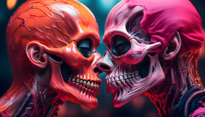 Naklejka premium zwei, Skelett, Skelette, küssen, sich, kuss, close up, neu, 3d, photo, pink, orange, gesicht, halloween, tattoo, vibrant, y2k, neon, farben, vibrant, vivid, copy space, cyber, world, ad, party, kopf, 