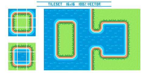 Pixel art tile set for 2d top-down retro game. A set of water tiles with grass for platformer. Location and landscape constructor. The resolution of the block is 16 x 16 pixels.
