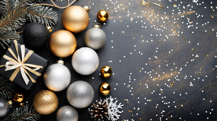 A black box with a gold ribbon sits on a table with a variety of Christmas ornaments, including gold and silver balls and pine cones