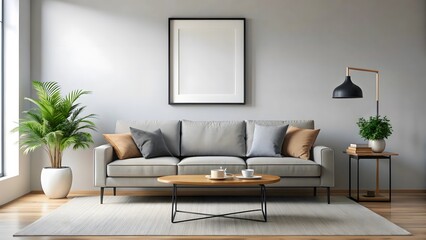 Modern minimalist cozy healing living room blank frame mockup natural white, comfort and healthy living. Generative AI