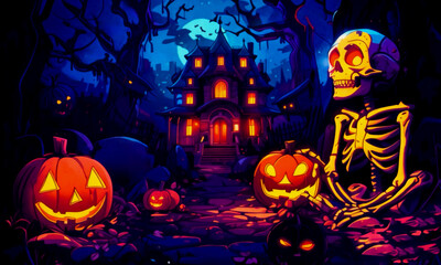 Halloween scene with a skeleton and pumpkins in the background of a castle. The skeleton is sitting on the ground and pumpkins are scattered around him