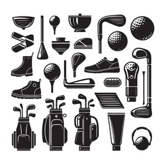 Golf equipment set collection  illustration silhouette style