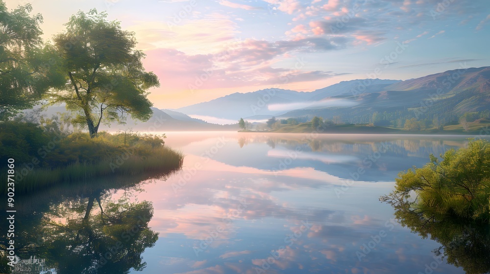 Sticker sunrise over a quiet lake reflecting the first