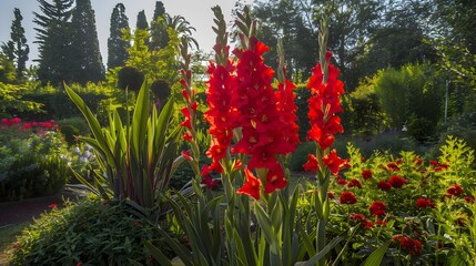Red gladiolus blossomed in the garden its tall img