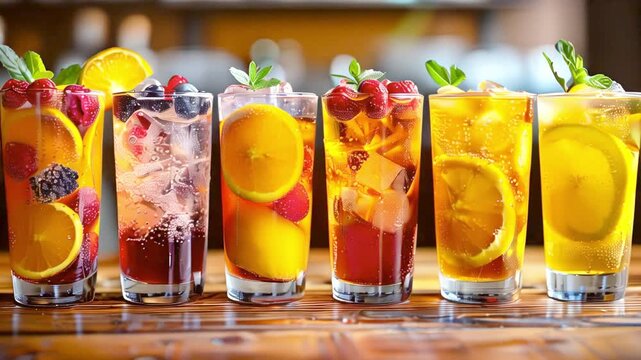 A row of glasses filled with various types of fruit drinks, lemonades and cocktails.	
