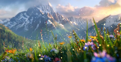 Mountain morning dew on grass and flowers picture
