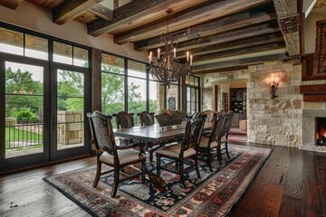 Rustic Dining Room with Stone Walls and Wooden Beams