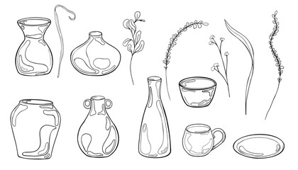 Flowers and pottery items in set black white vector illustration. Jug and pot ink silhouette hand drawn. Floral arrangements, plant stem and clay dishes graphic outline. Coloring of ceramics crockery