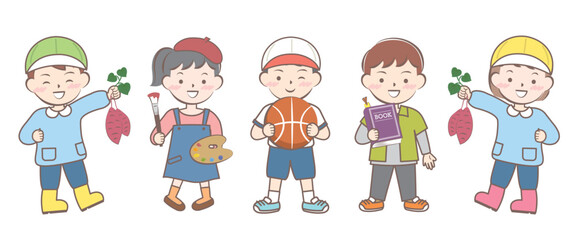 秋の行事の子供たち　芋掘り　スポーツ　読書　芸術