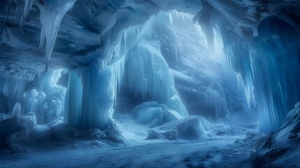 A grotto formed inside a glacier with blue