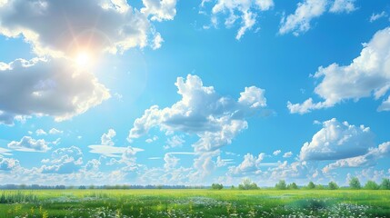 During the day white fluffy clouds float across picture