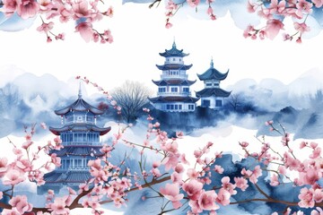 Seamless watercolor design of pagoda and cherry blossoms