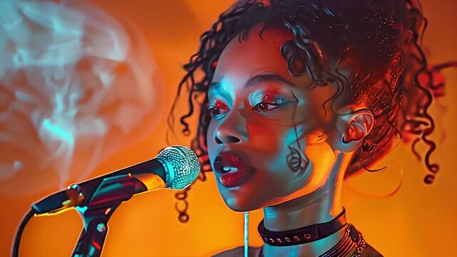 singer on stage under soft lighting sings a song into a microphone	
