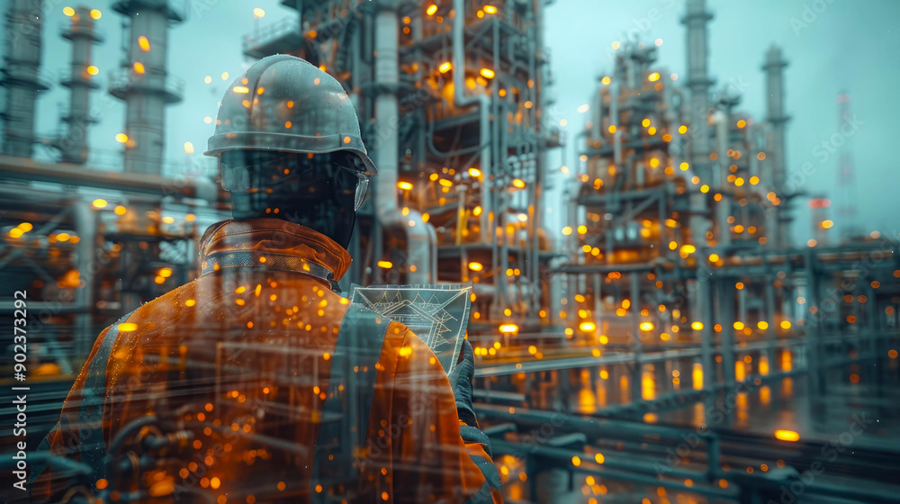 Aufkleber an engineer in safety gear examining a blueprint inside a large industrial facility. the background 