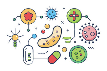 Probiotics bacteria, microbes, infection and pathogen cells concept editable stroke outline, icon set Vector illustration on white background.