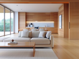 Minimalist living room with a beige sofa and wooden accents, featuring a spacious and elegant design with natural light from large windows.