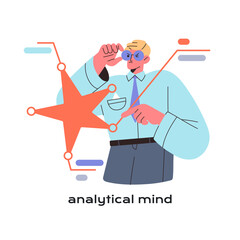 Analytical mind concept. Employee with logical mindset does research. Office worker with critical thinking explores. Mental skill, rational brain. Flat isolated vector illustration on white background