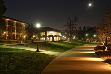 Illuminated Path Through a University Campus at Night