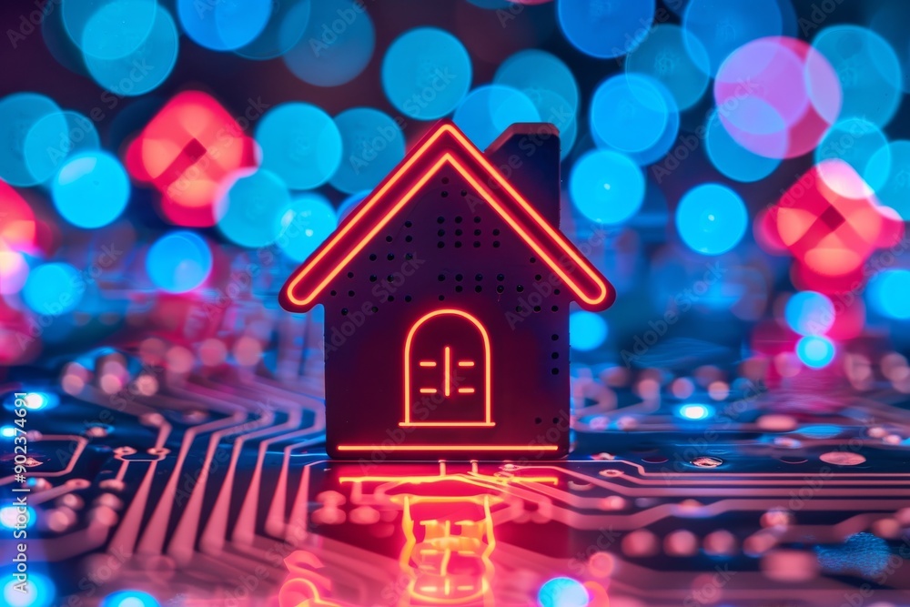 Poster miniature house on a circuit board emphasizing the integration of home and digital technology in a c