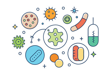 Probiotics bacteria, microbes, infection and pathogen cells concept editable stroke outline, icon set Vector illustration on white background.