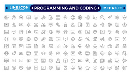 Programming coding set of web icons in line style. Software development icons for web and mobile apps. Code, API, programmer, developer, information technology, coder. Editable stroke outline icon.