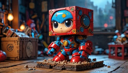 Chibi Robot Figurine on Wooden Base