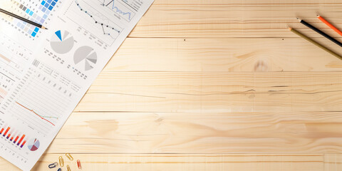Fototapeta premium Creative Business Concept with Graphs and Charts Scattered on a Light Wooden Boardroom Table for Advertisement and Marketing Visuals