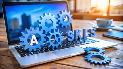 Blue gears and letters "ASKLS" on a laptop symbolize skills development and online learning.
Laptop computer with interlocking gears representing knowledge acquisition and skill building.