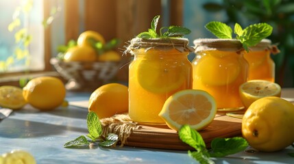 Fototapeta premium Lemon confiture carefully placed in glass jars img