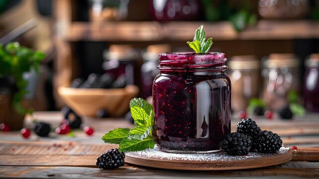 Blackberry confiture poured into a transparent jar picture