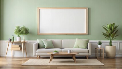Mock up wall art blank white canvas minimalist exhibition space light pastel green wall ceramic floor natural sunlight