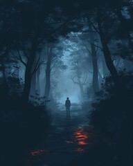 Fototapeta premium Shivery scene in a dark, misty forest, unsettling presence, flat design illustration