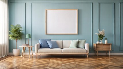 Mockup of wall art wood frame blank canvas living room light blue wood floor indoor natural sunlight