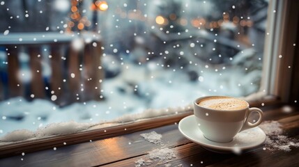 Close-up cup of coffee on a table by a window in a cafe, city view while snowing, cold winter season. Drinking a hot beverage, tea, cappucino latte or espresso in a cozy restaurant, travel vacation