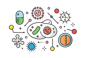 Probiotics bacteria, microbes, infection and pathogen cells concept editable stroke outline, icon set Vector illustration on white background.