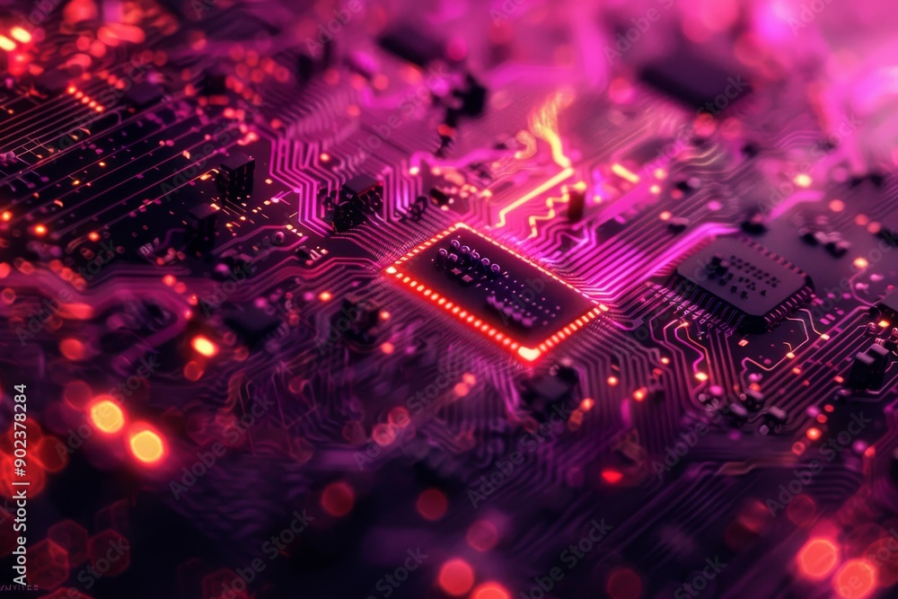 Poster pink circuit board with intricate patterns representing digital innovation and technological advance