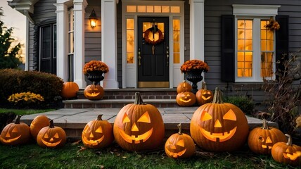 Fototapeta premium Halloween Decorated Porch with Pumpkins and Jack-o'-Lanterns