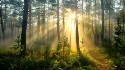 Obraz premium Morning forest with tall pines img