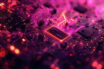Fototapeta premium Pink circuit board with intricate patterns representing digital innovation and technological advancement in a high tech setting.