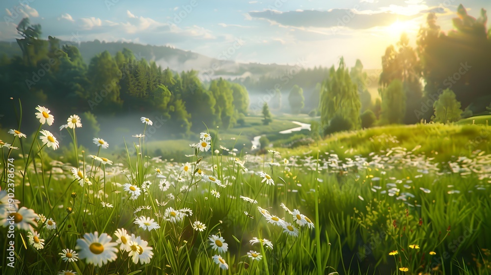 Sticker Meadow green with bright flowers such as daisies image