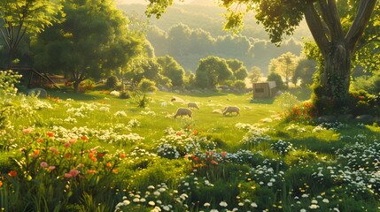 Obraz premium Green meadow with grazing goats surrounded by tall img