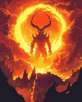 Demon rising from fiery abyss, menacing aura, flat design illustration
