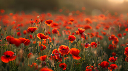 red corn poppy flowers in early summer,  Red poppy flowers field, close up early in the morning,  Beautiful red poppy flowers in the field at sunset Soft focus