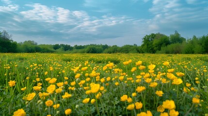 Fototapeta premium Ranunculus meadow a flowering meadow of buttercups covered img