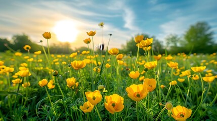 Obraz premium Ranunculus meadow a flowering meadow of buttercups covered